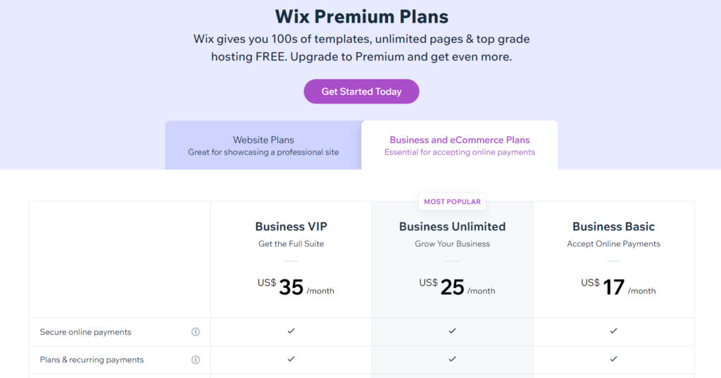 Wix Pricing